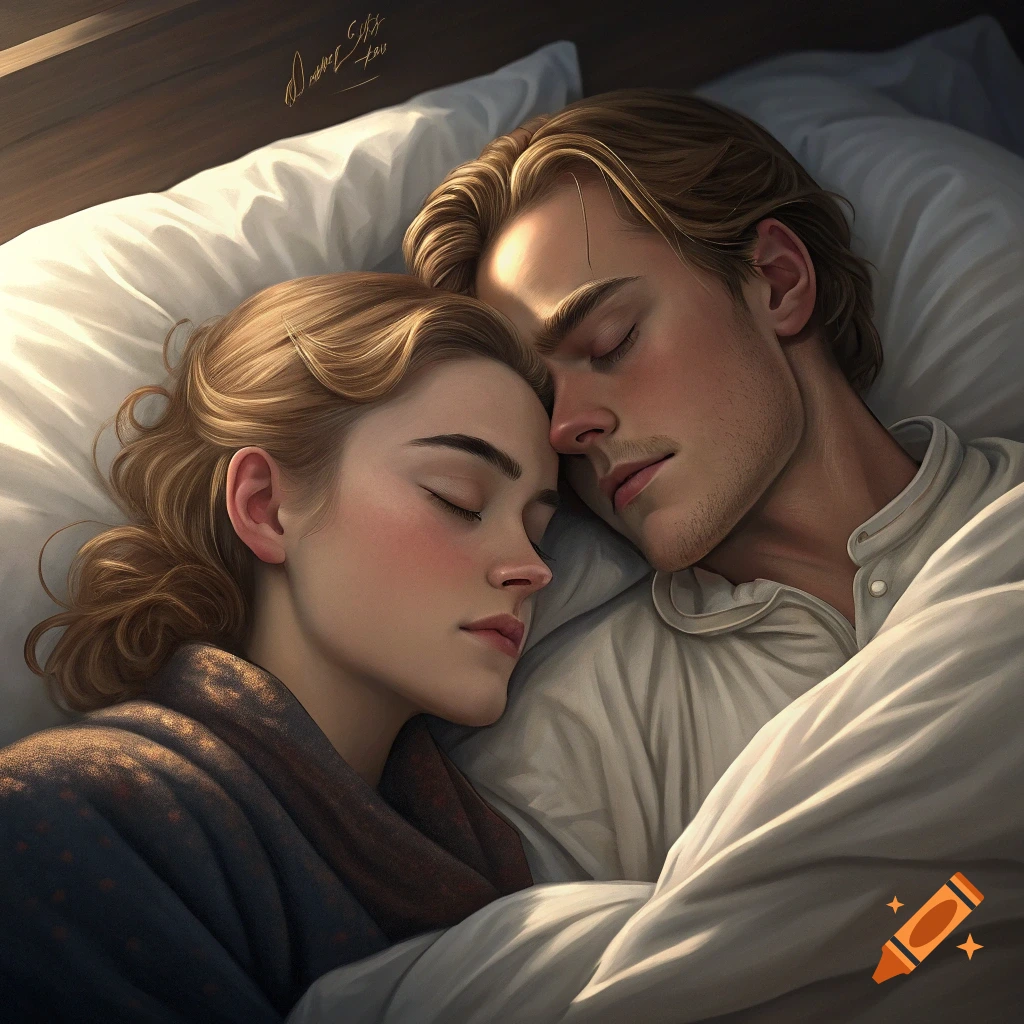 A man and woman sleep peacefully embraced on a bed.