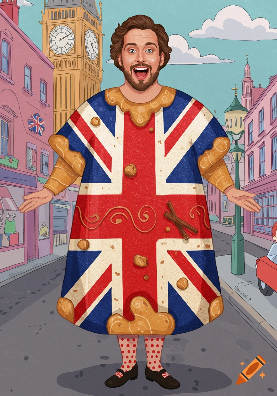 Cartoon illustration of a man in a gingerbread Union Jack dress standing in a London street with Big Ben.