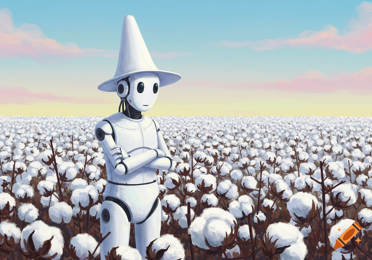 A white robot wearing a cone hat stands with arms crossed in a vast cotton field under a pastel sky.