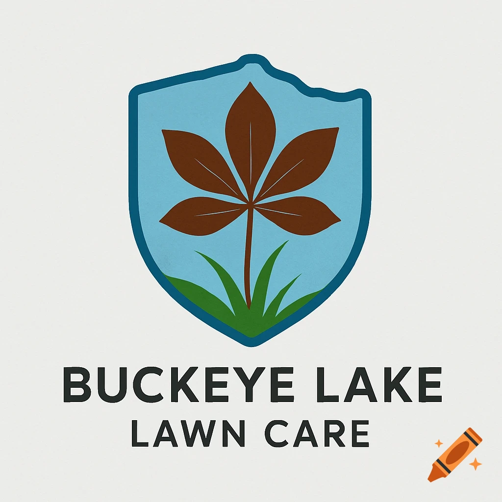 Logo for Buckeye Lake Lawn Care featuring a shield with a buckeye leaf and grass.