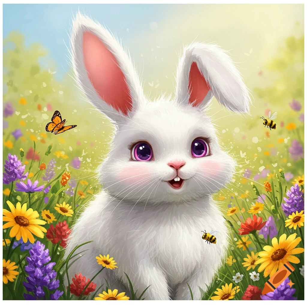 Cute white bunny with purple eyes sits in field of colorful flowers ...