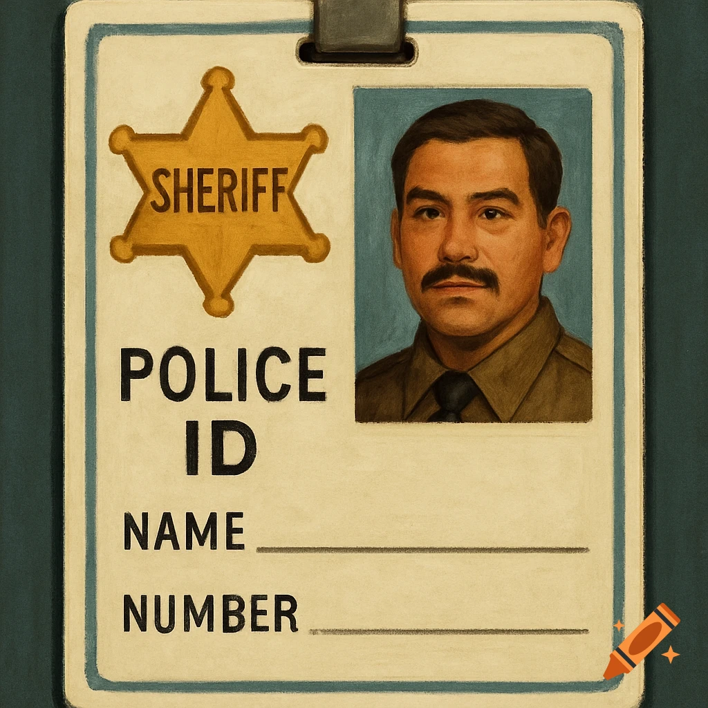 A painting of a police ID card with a sheriff's badge, a portrait photo of a man, and text fields.