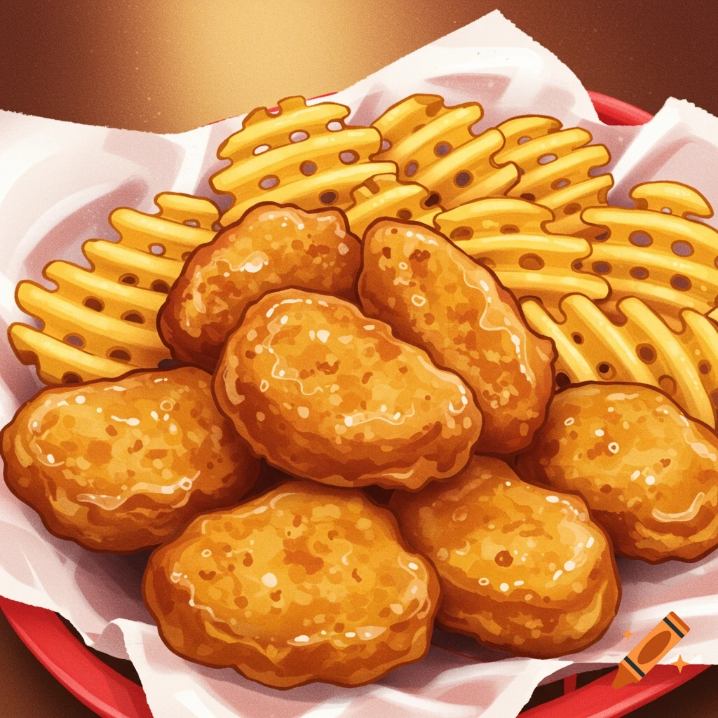 Close-up view of chicken nuggets and waffle fries in a basket, rendered in an illustrative style.