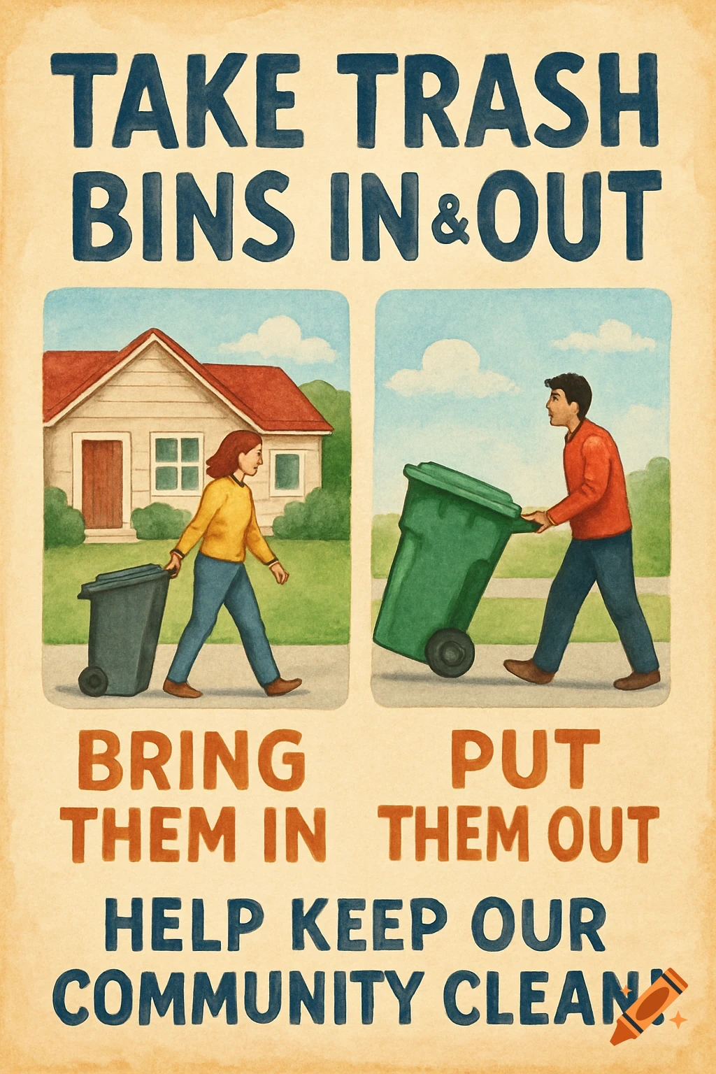 Illustration poster with text about taking trash bins in and out.