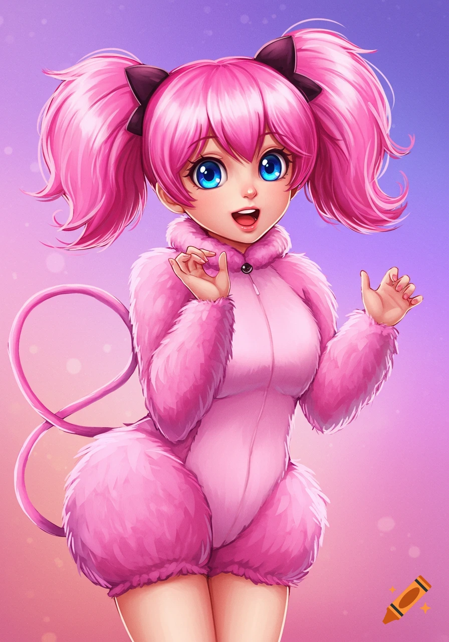 Anime girl in a pink furry Mew Pokemon costume with pigtails and bows, smiling.