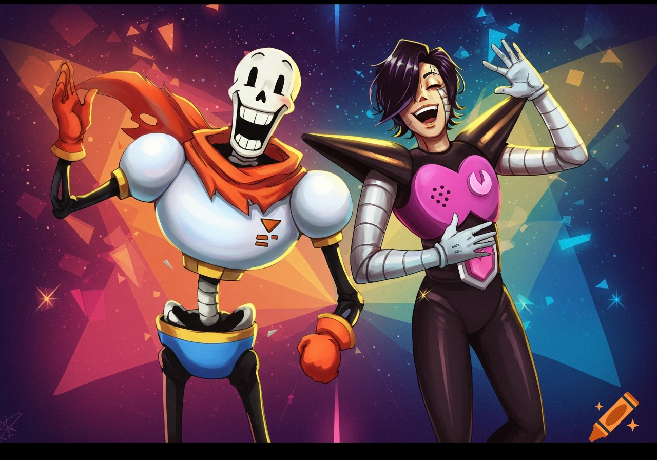 Papyrus and Mettaton singing and performing on a stage with a starry background.