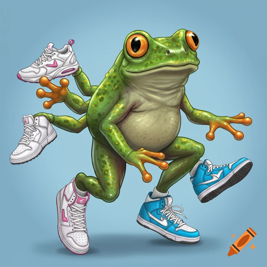 A green frog with six legs wears different colorful sneakers on each foot. Illustration.