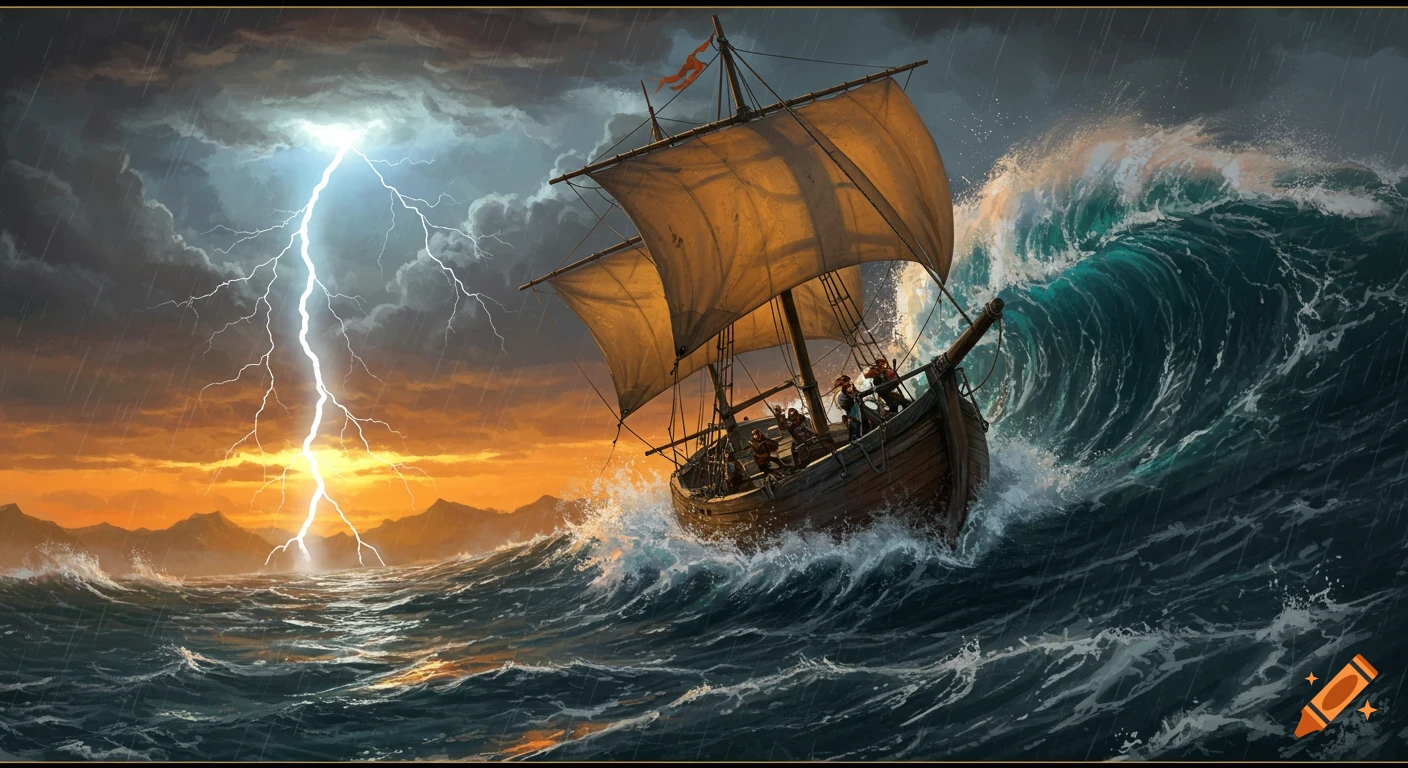 A sailboat rides a giant wave during a stormy sea with lightning striking in the background, in a fantasy art style.
