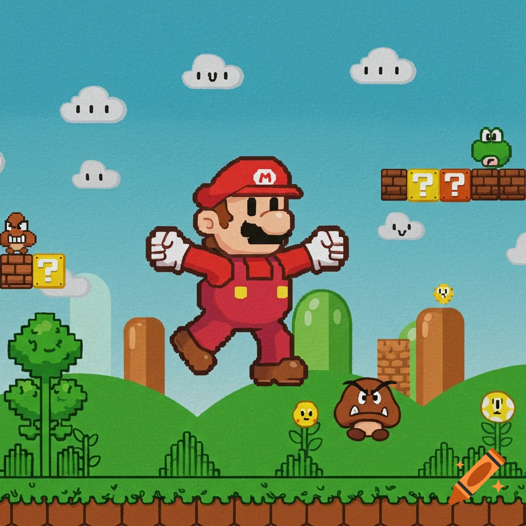 8bit pixel art of Mario jumping in a video game level