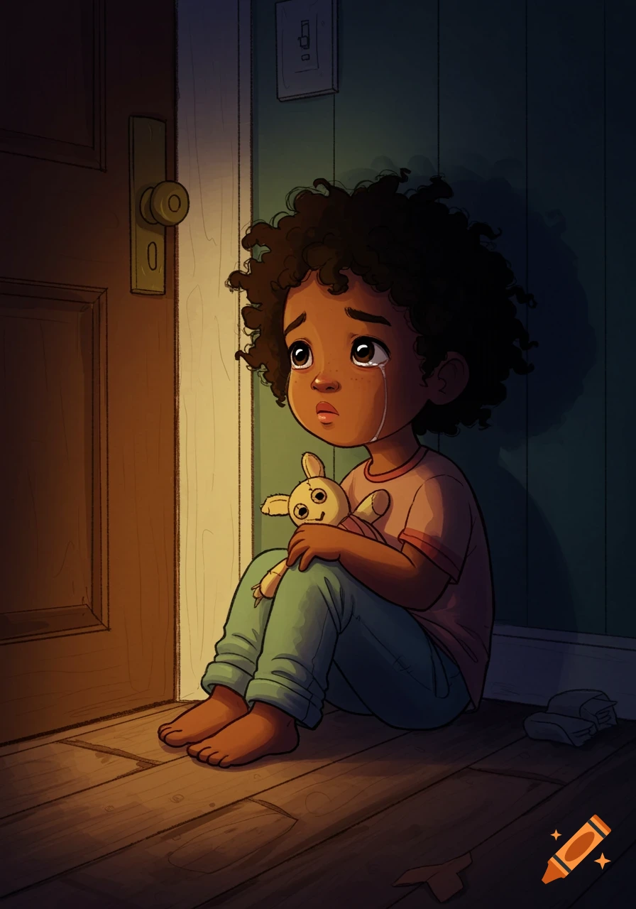 Illustration of a sad child sitting on a wooden floor next to a door, holding a stuffed toy.