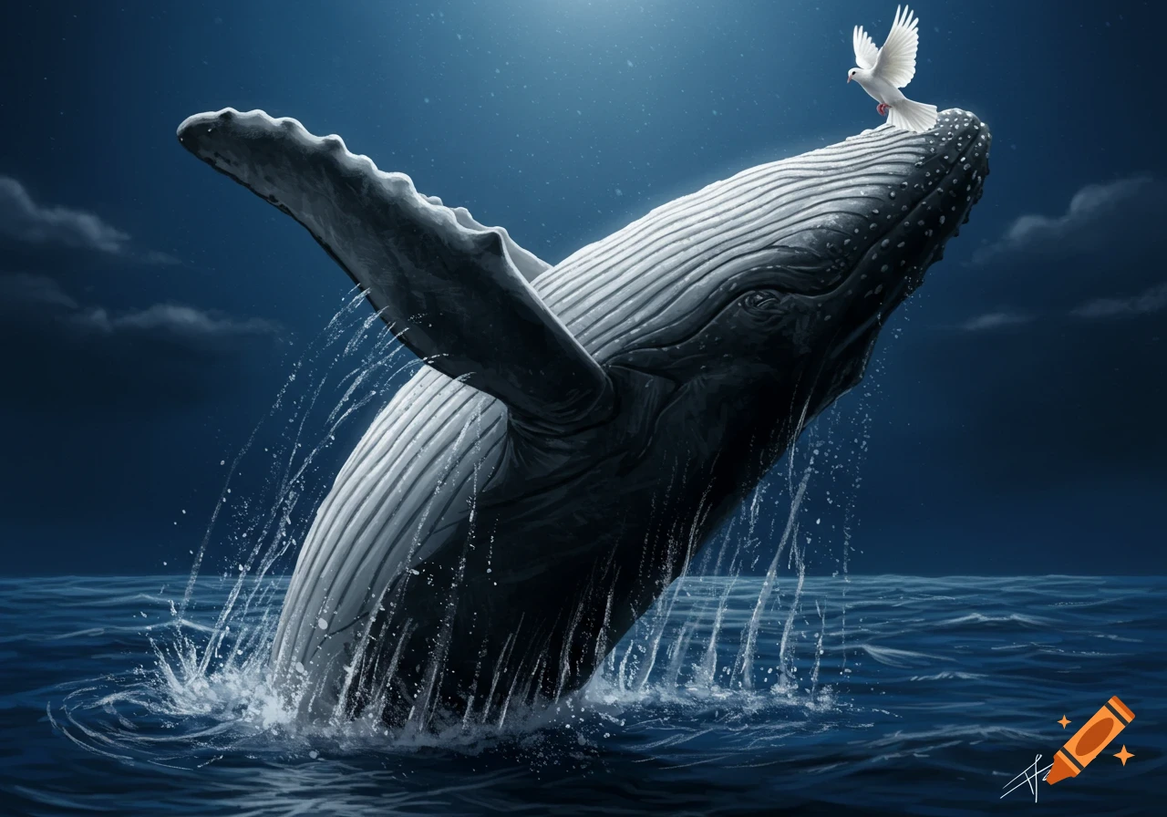A humpback whale breaches the dark ocean with a white dove perched on its head under moonlight. Digital painting.