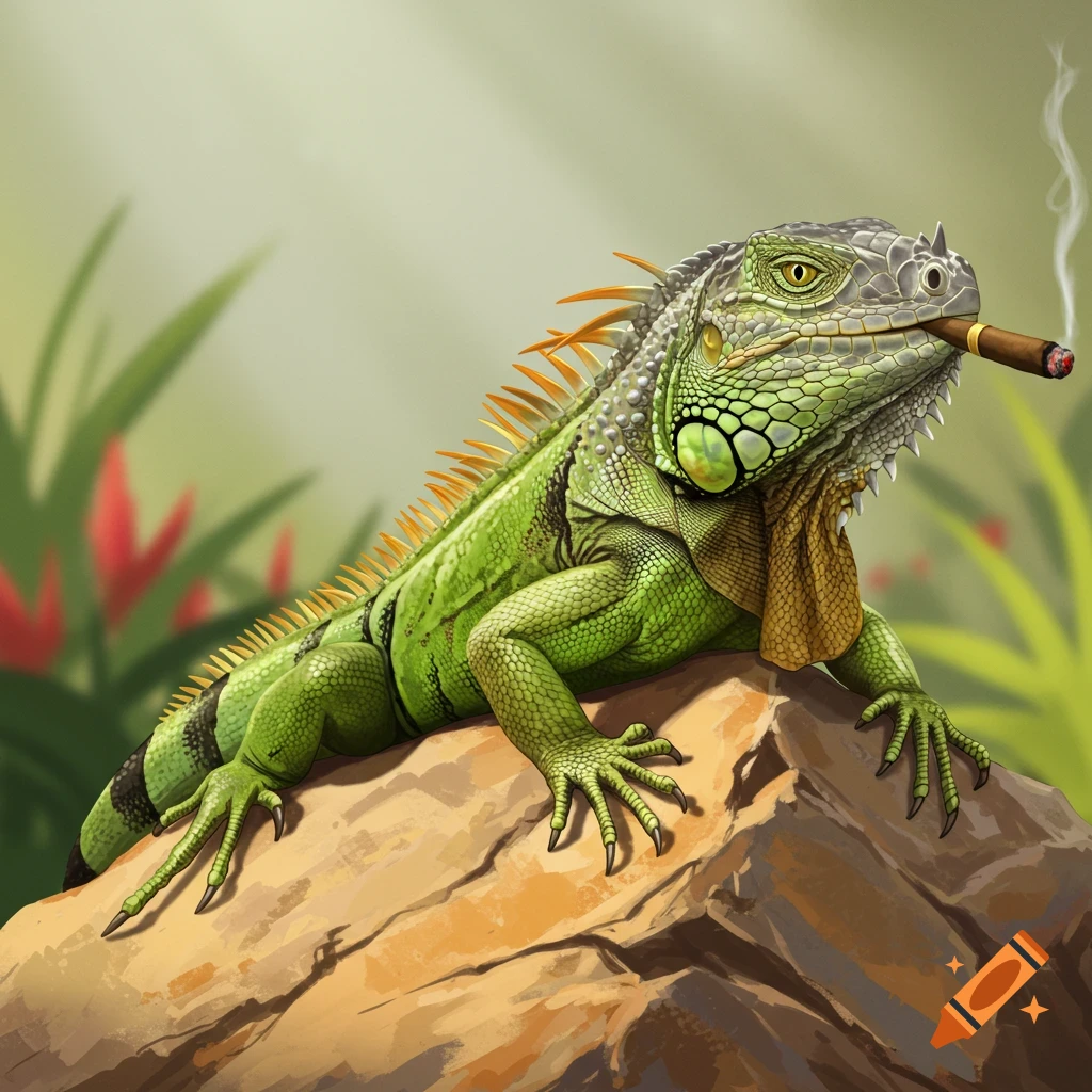 A green iguana sits on a rock, smoking a cigar, in a realistic illustration.