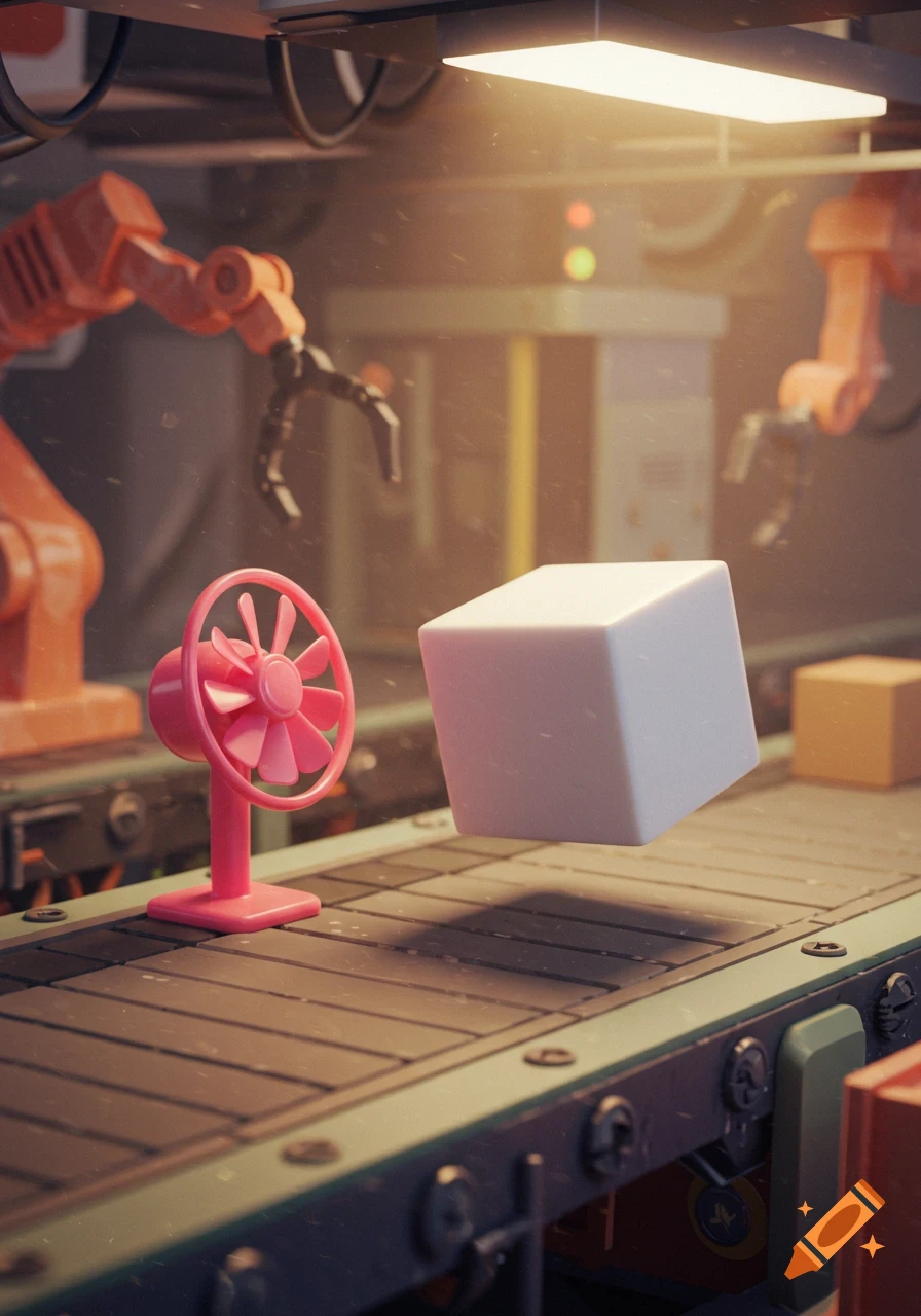 A pink fan and a white cube float over a factory conveyor belt with robotic arms.
