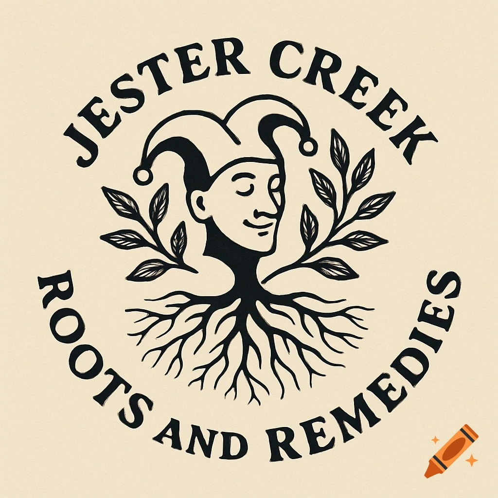 Logo illustration of a jester head turning into roots, with leaves, and text 'Jester Creek Roots and Remedies'.