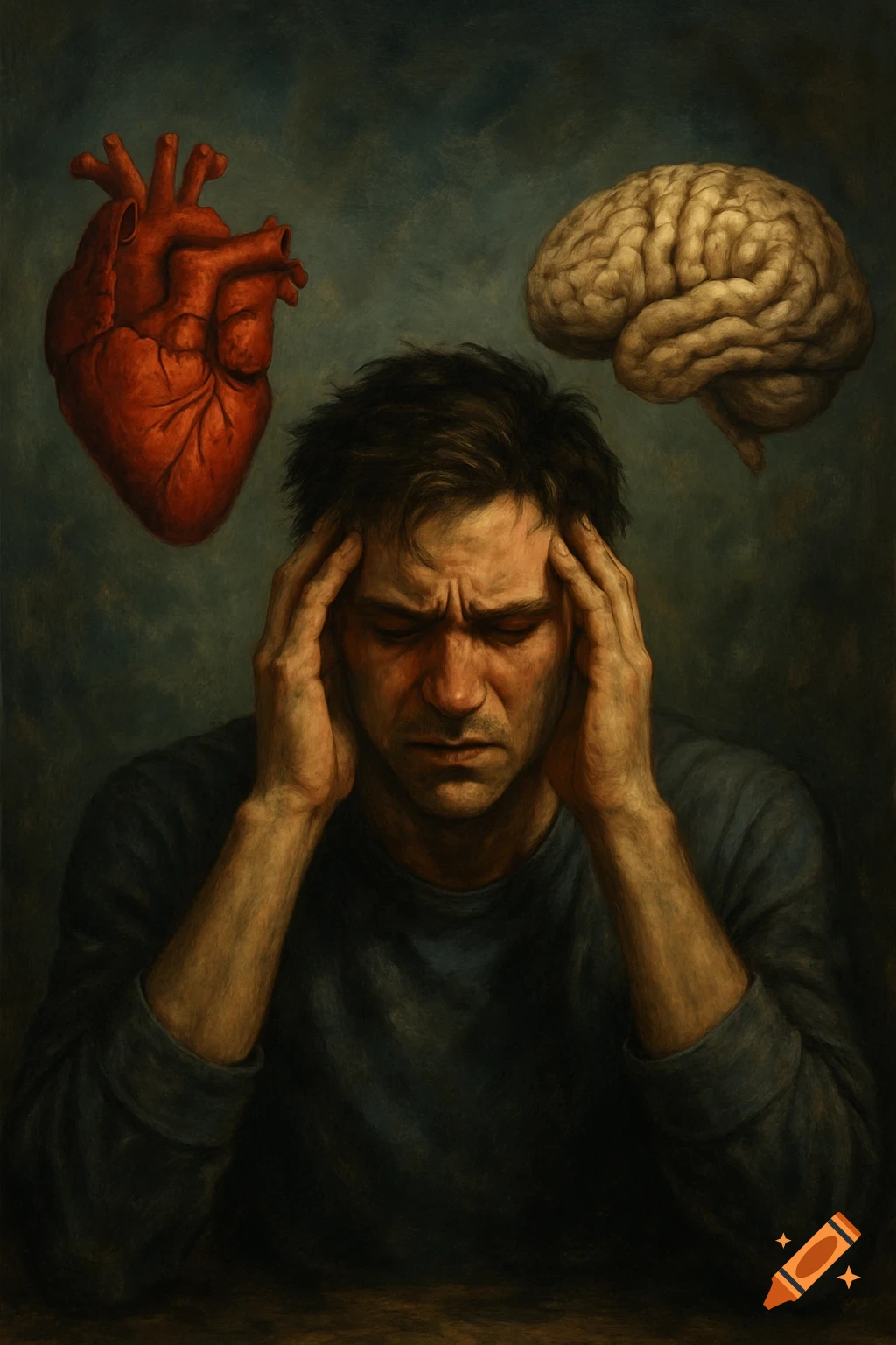 Painting of a distressed man with a heart and brain floating above his head