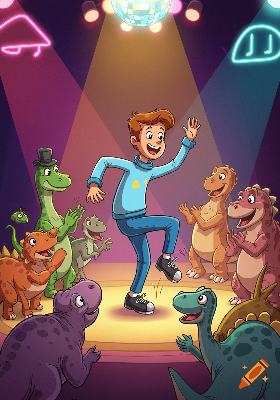 Cartoon illustration of a boy tap dancing surrounded by various dinosaurs in a disco setting.