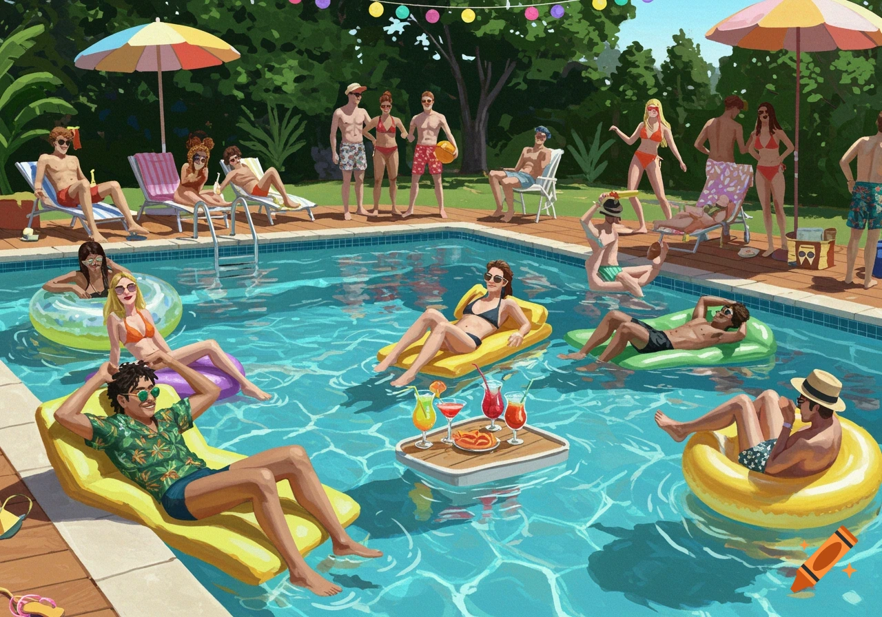 A group of people at a pool party, swimming and lounging by the pool.