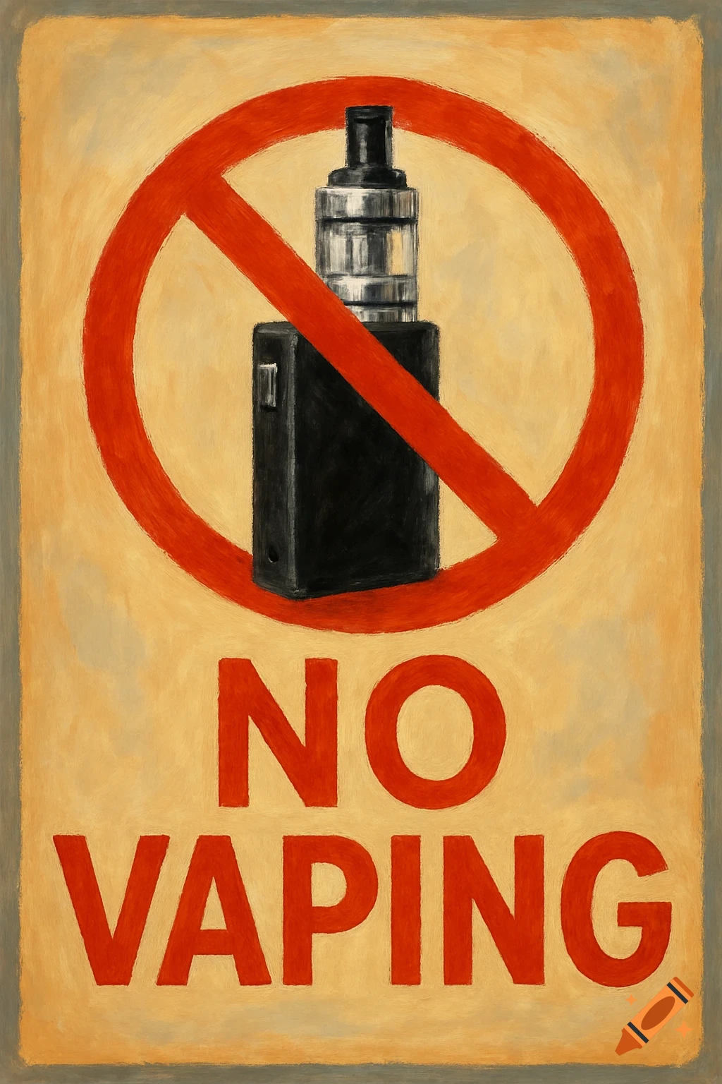 A poster with a red prohibition symbol over a vape device and the text 'NO VAPING'.