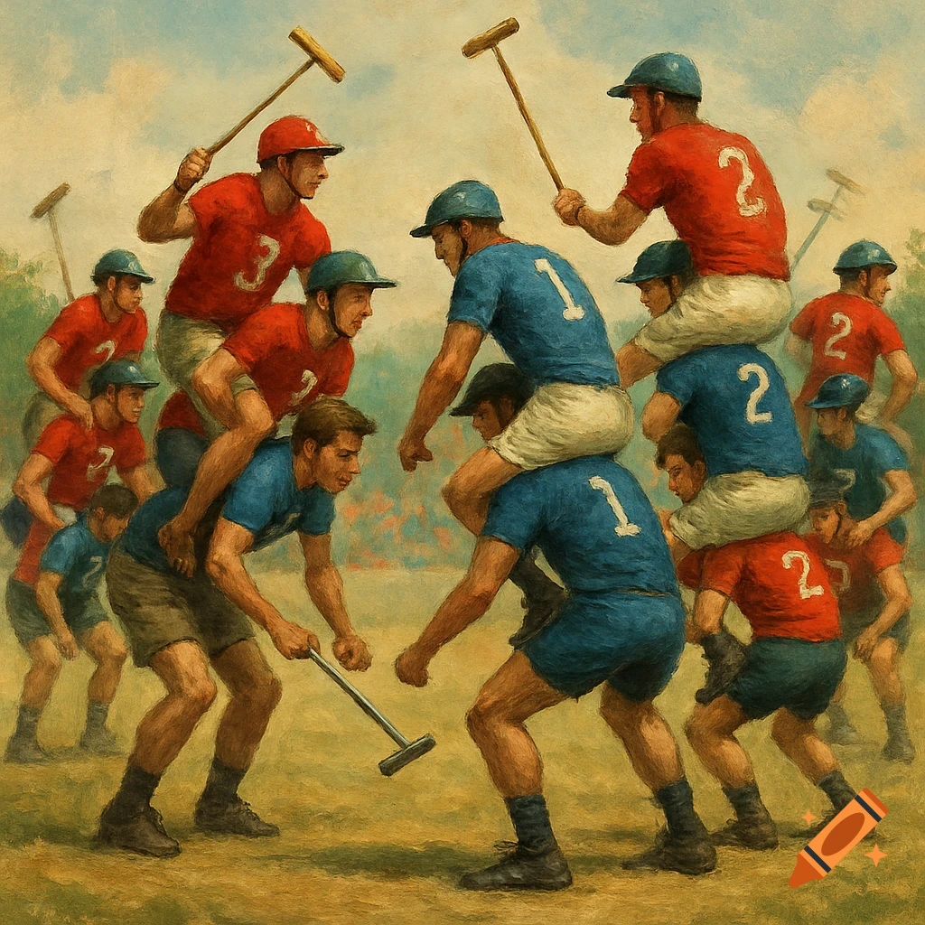 Painting of men playing a unique team sport with players piggybacking and using mallets