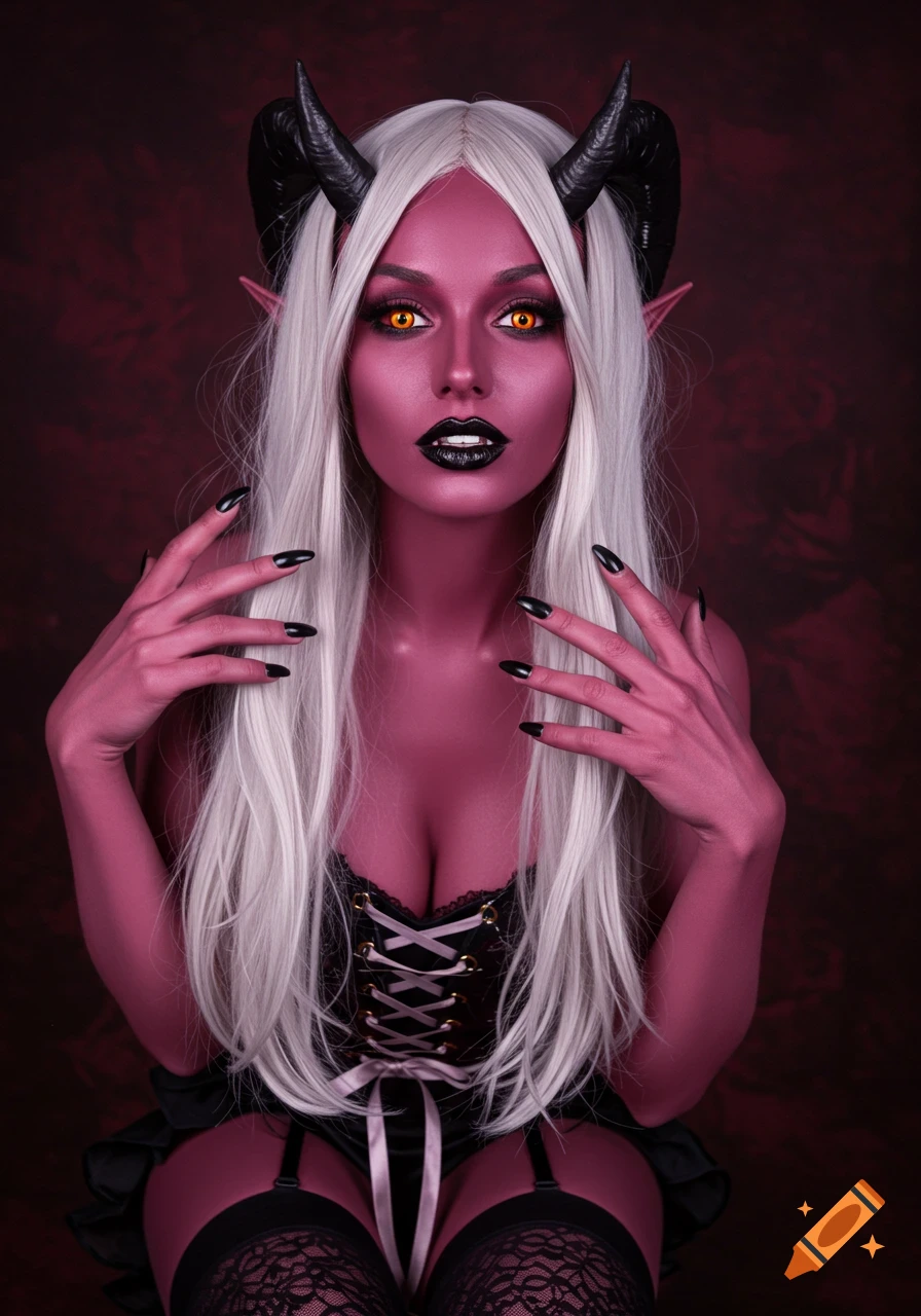 A woman with pink skin, white hair, black horns, and orange eyes, wearing a black corset and stockings.