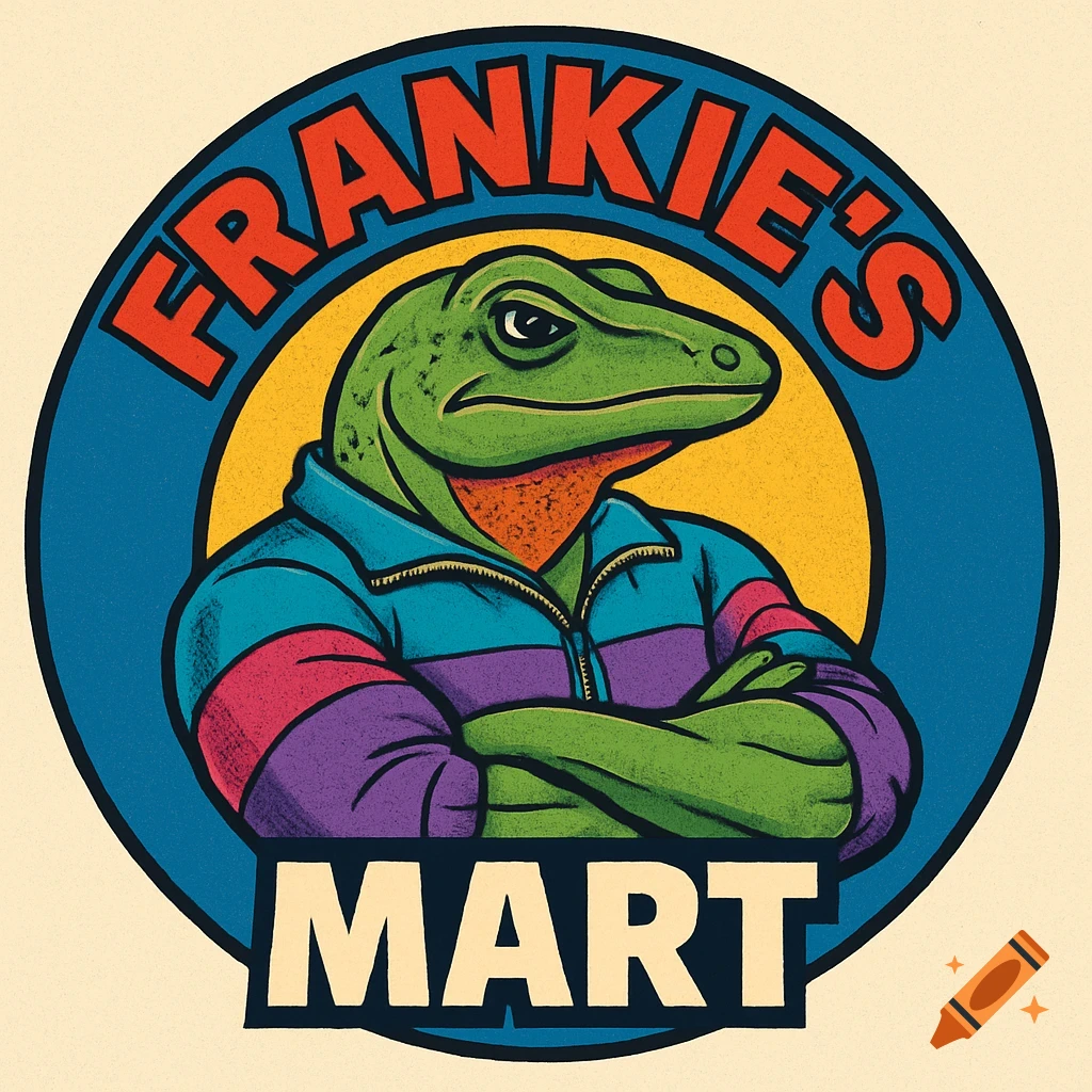 Logo of a green lizard in a windbreaker with folded arms and the text "Frankie's Mart", 90s style.