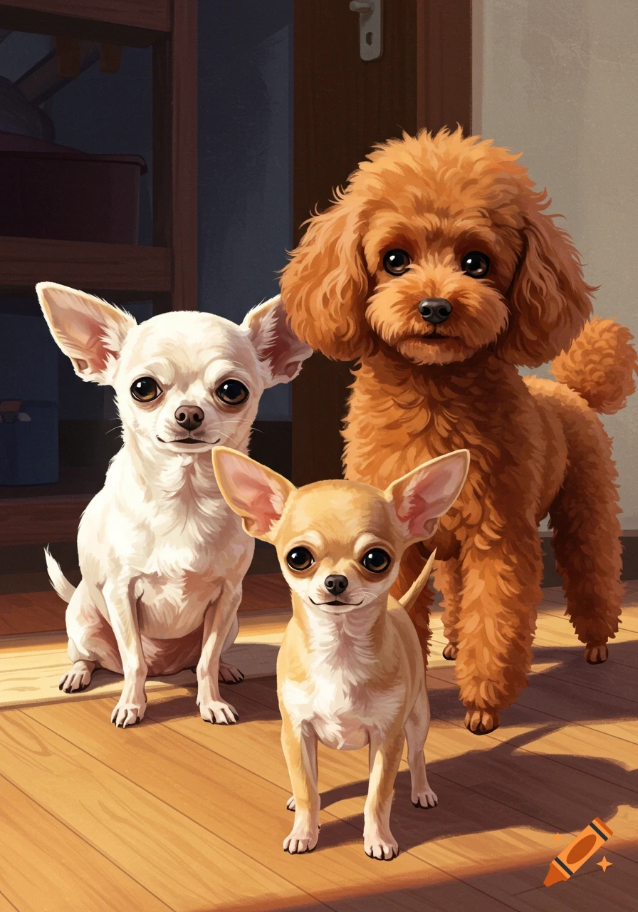 A white chihuahua, a tan chihuahua, and a brown poodle stand on a wooden floor.