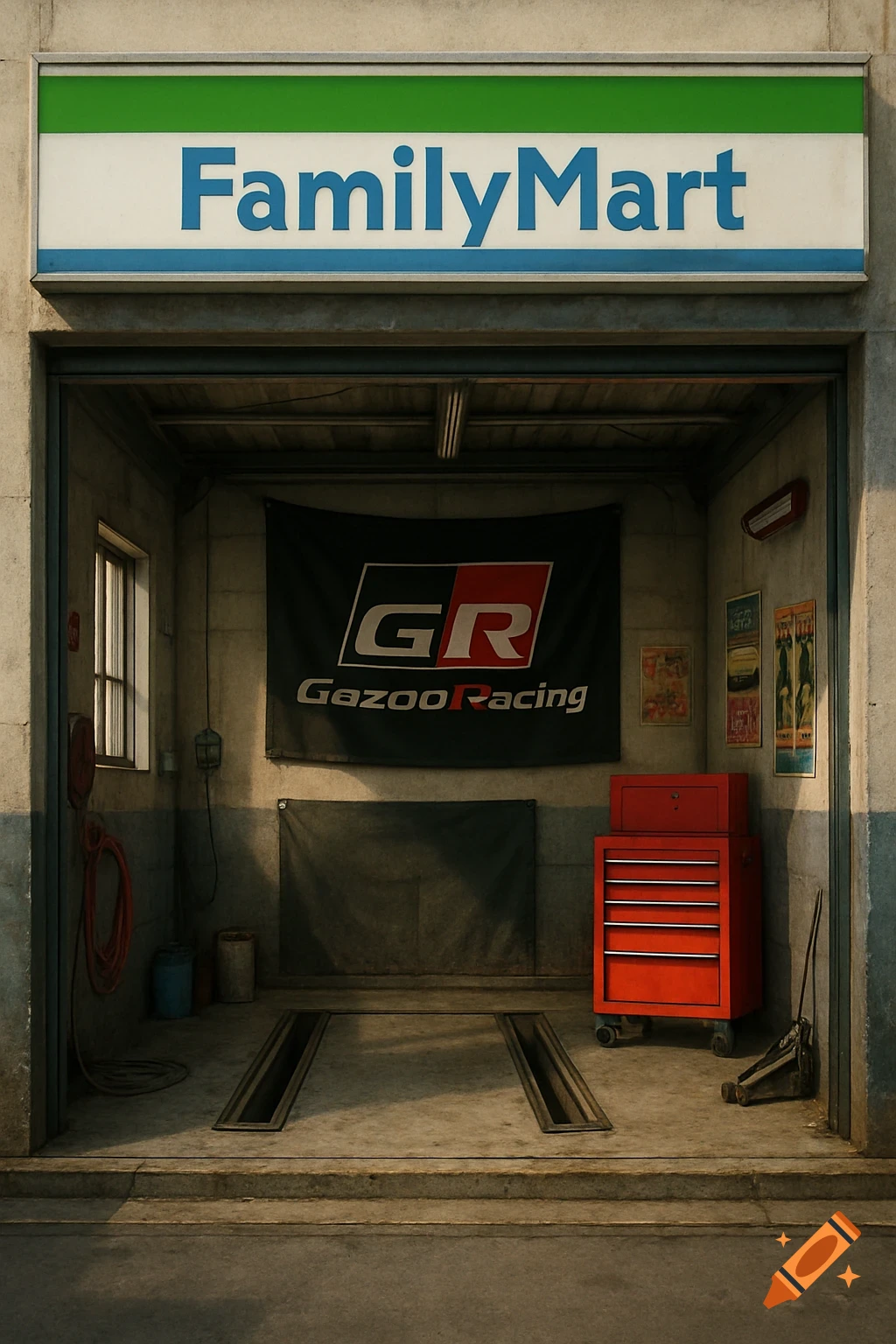 Front view of a car garage bay with a FamilyMart sign above, a Gazoo Racing flag inside, a red toolbox, and posters.