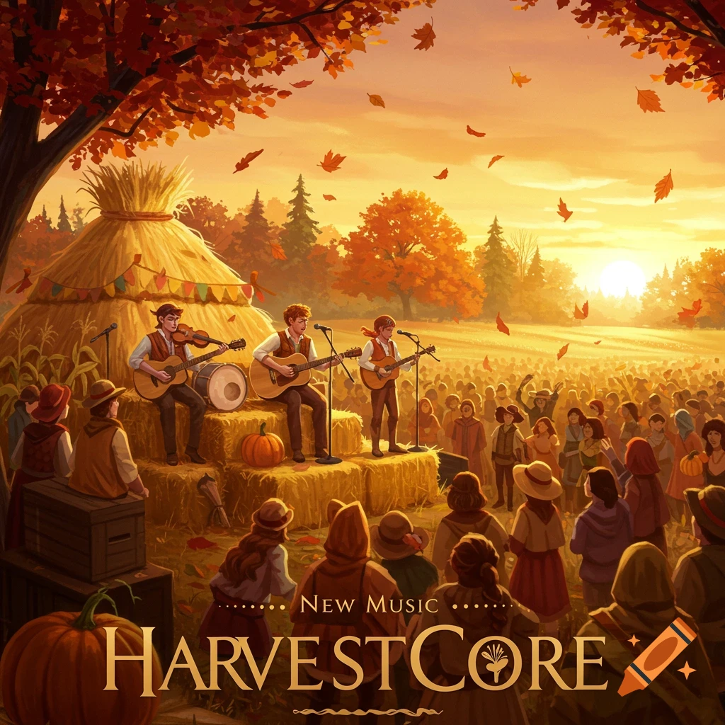 A folk band plays on hay bales at an outdoor fall festival to a large crowd under autumn trees. Text: New Music HARVEST CORE.