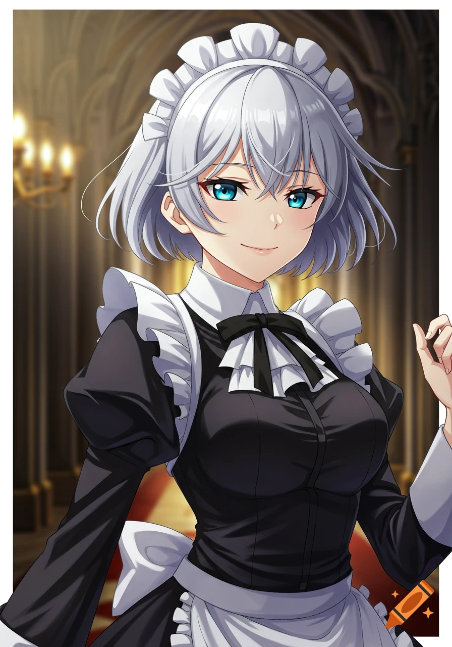 Anime portrait of a maid with silver hair and blue eyes in a mansion.