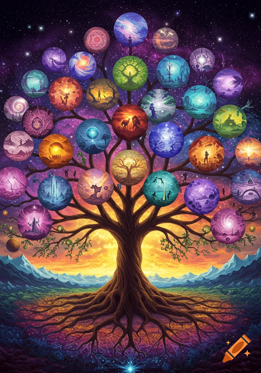 A vibrant tree of life with many glowing spheres on its branches, each containing unique miniature fantasy or cosmic scenes, set against a starry sky.