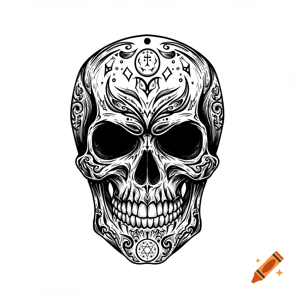 Black and white stylized skull with intricate occult-like patterns.