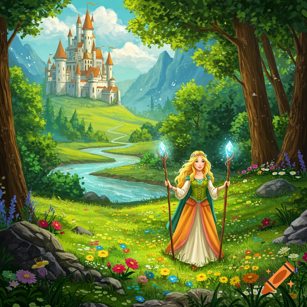 A young woman in a fantasy dress holds glowing staffs in a flower field before a river, forest, and castle.
