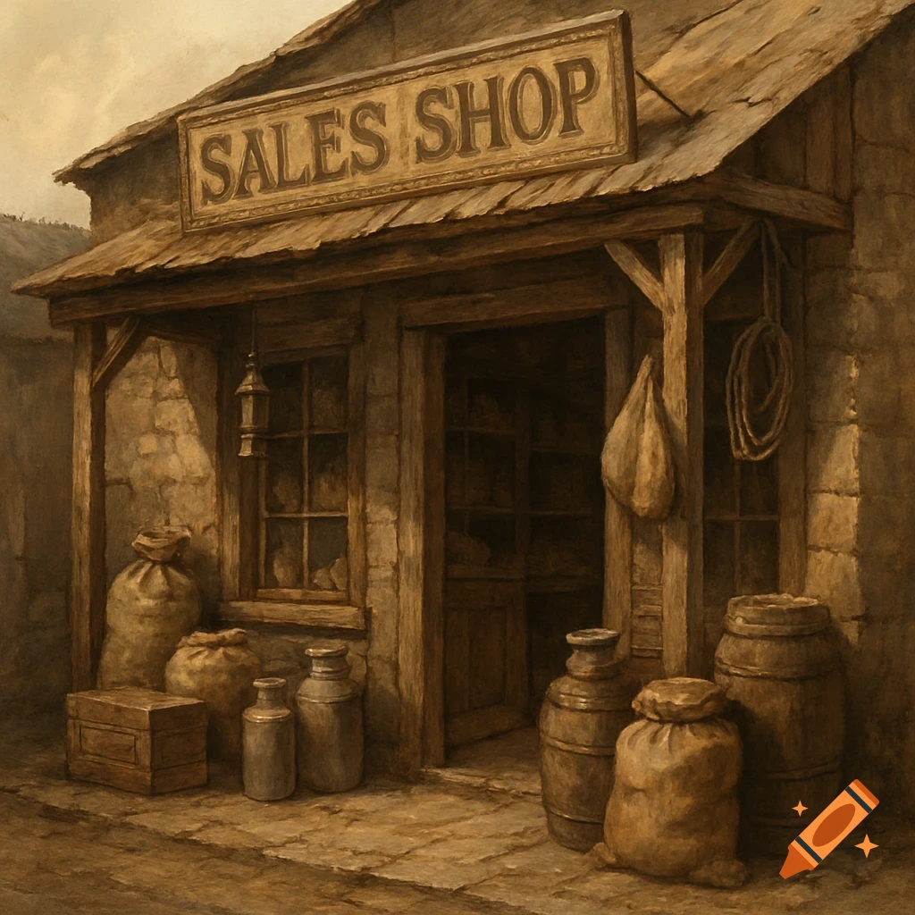 Illustration of an old sales shop building with sacks and barrels outside.