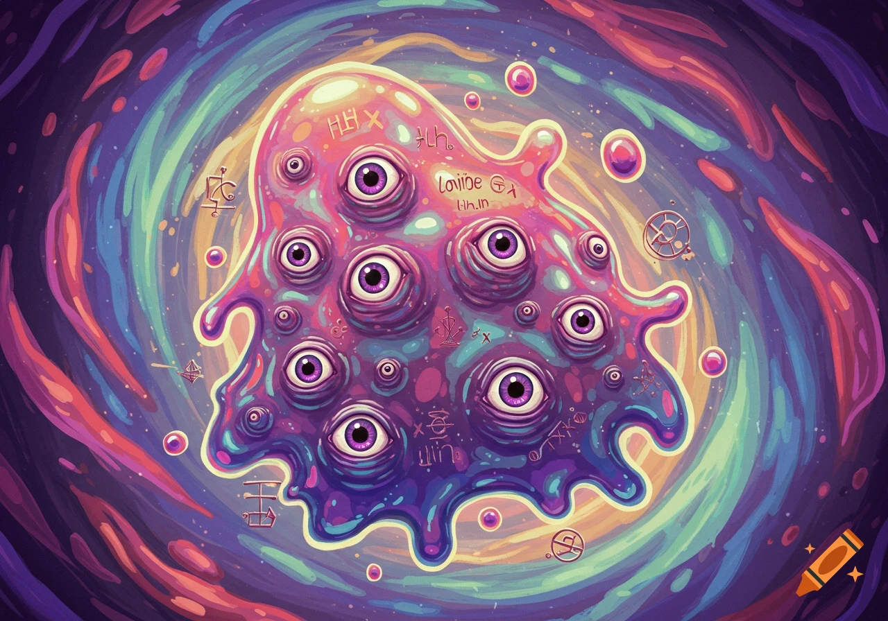 A purple and pink multi-eyed ooze blob creature floats in a swirling, colorful fantasy space background with symbols.