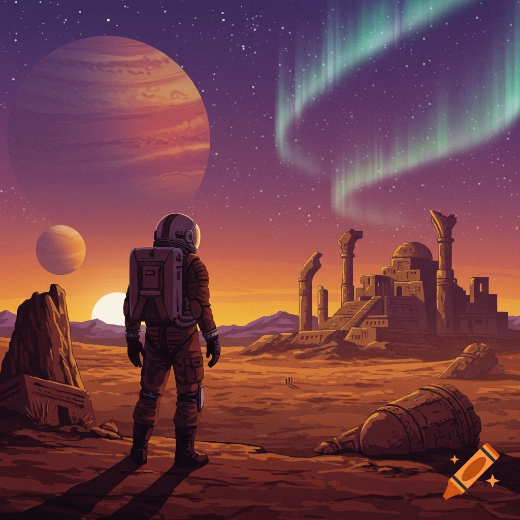 Astronaut looks at ancient ruins on a desolate planet under a sky with aurora and planets.