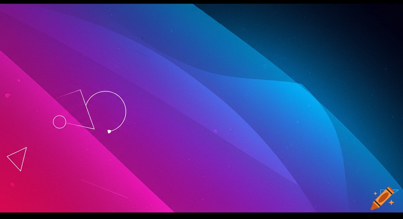 Abstract background with pink, purple, and blue waves, geometric shapes, and a black border.