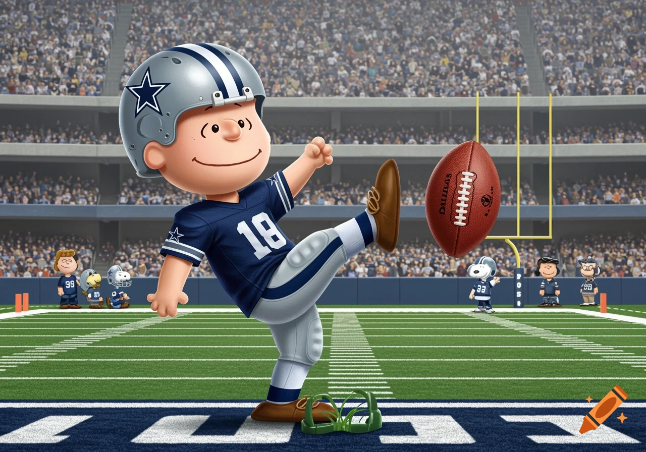 Cartoon character in Dallas Cowboys uniform kicking a football in a ...