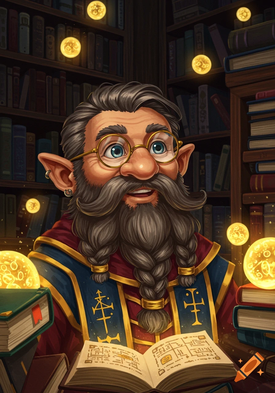 Illustration of a gnome librarian reading an open book with glowing orbs in a library.