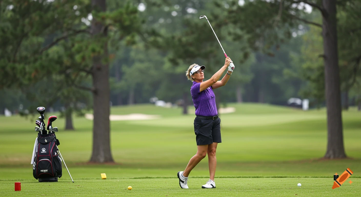 Female golfer in purple shirt swinging a club on a golf course.
