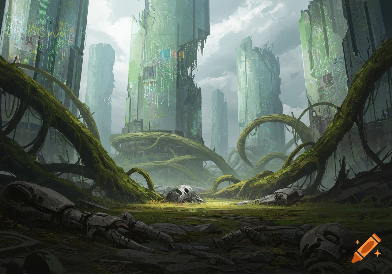 Ruined futuristic towers overgrown with vines, with scattered robot parts and a skull on the ground.