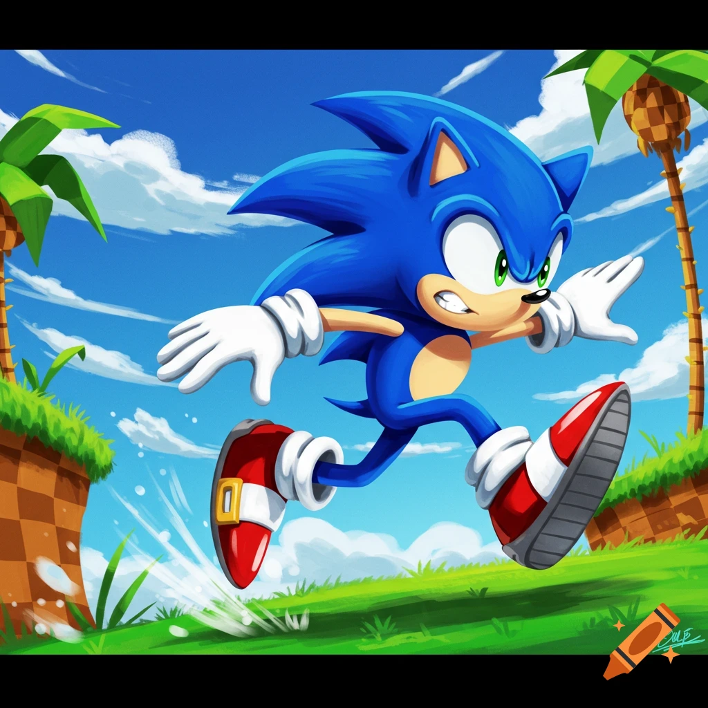 Sonic the Hedgehog running through a grassy landscape with palm trees under a sunny sky.