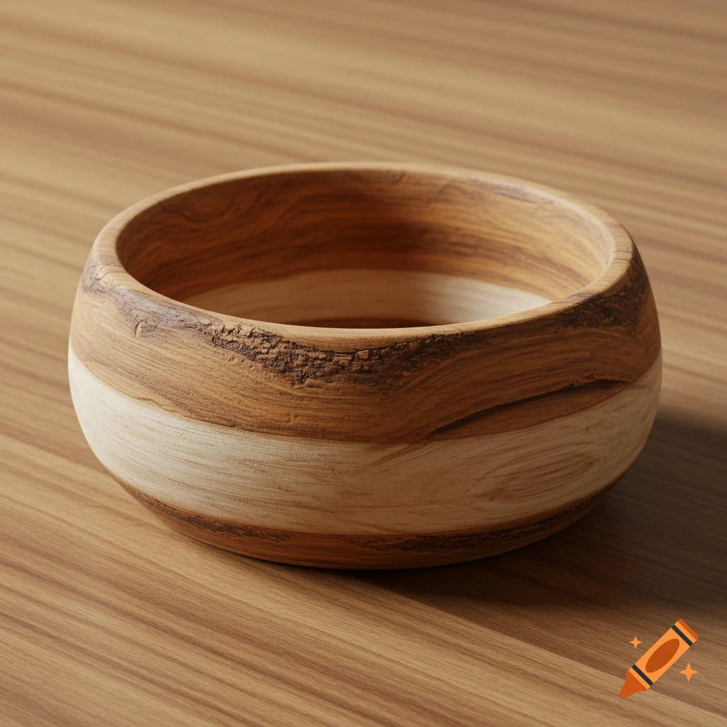 A handcrafted wooden bowl made from a log sits on a wooden table.