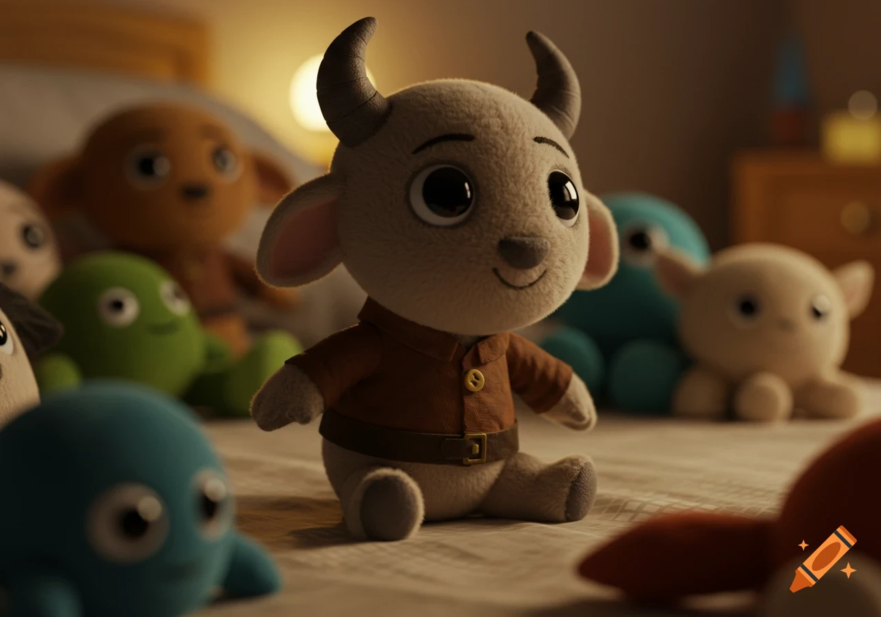 A fluffy horned plush toy sits on a bed with other blurry plush toys around it.