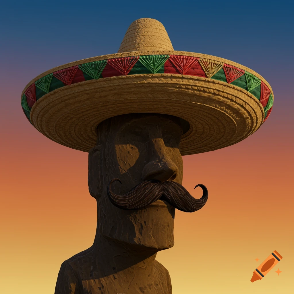 Moai statue wearing a sombrero and mustache against a sunset sky.