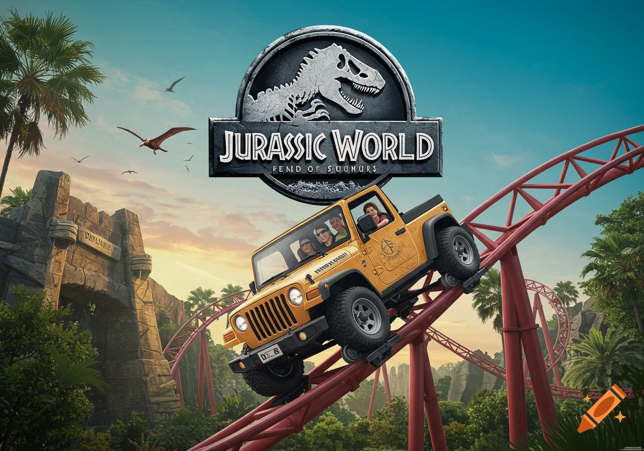 A yellow jeep on a red rollercoaster track, with people, in a jungle setting, with a Jurassic World logo in the sky. Poster style.
