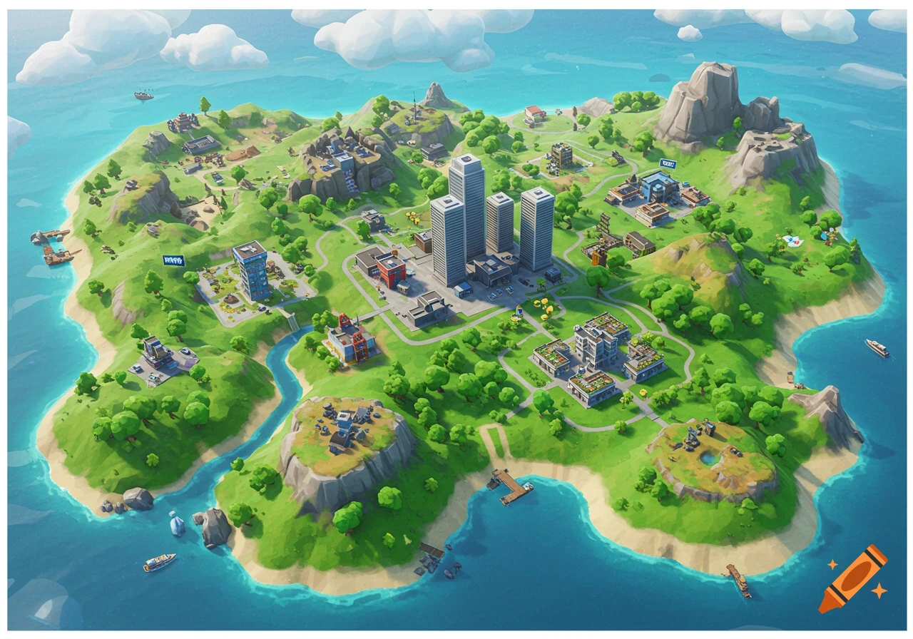 Cartoon style aerial view of a detailed island map with buildings, roads, and varied terrain.