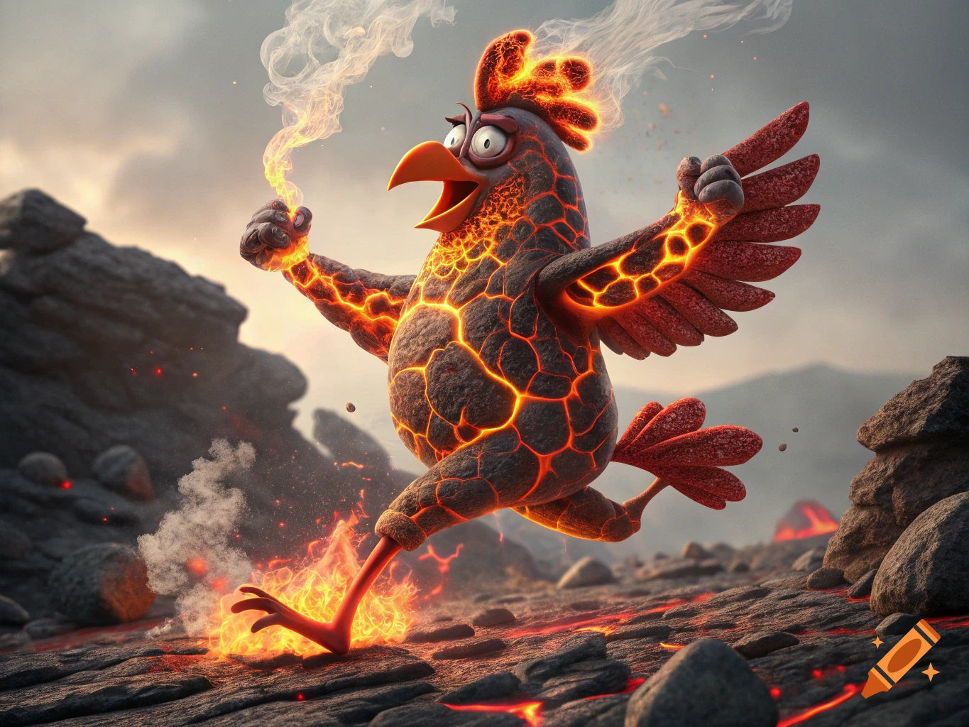 Stylized lava chicken poses dramatically in a volcanic landscape.