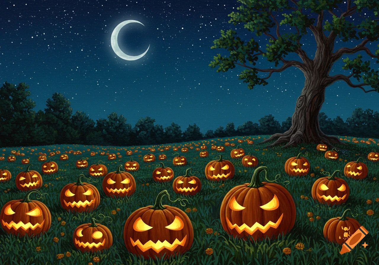 Acrylic painting of a field of glowing jack-o'-lanterns under a starry night sky with a crescent moon and a tree.