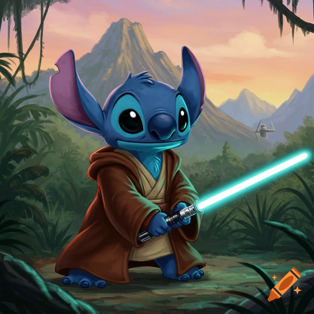 Stitch from Lilo & Stitch dressed as a Jedi, holding a lightsaber in a jungle landscape with mountains.