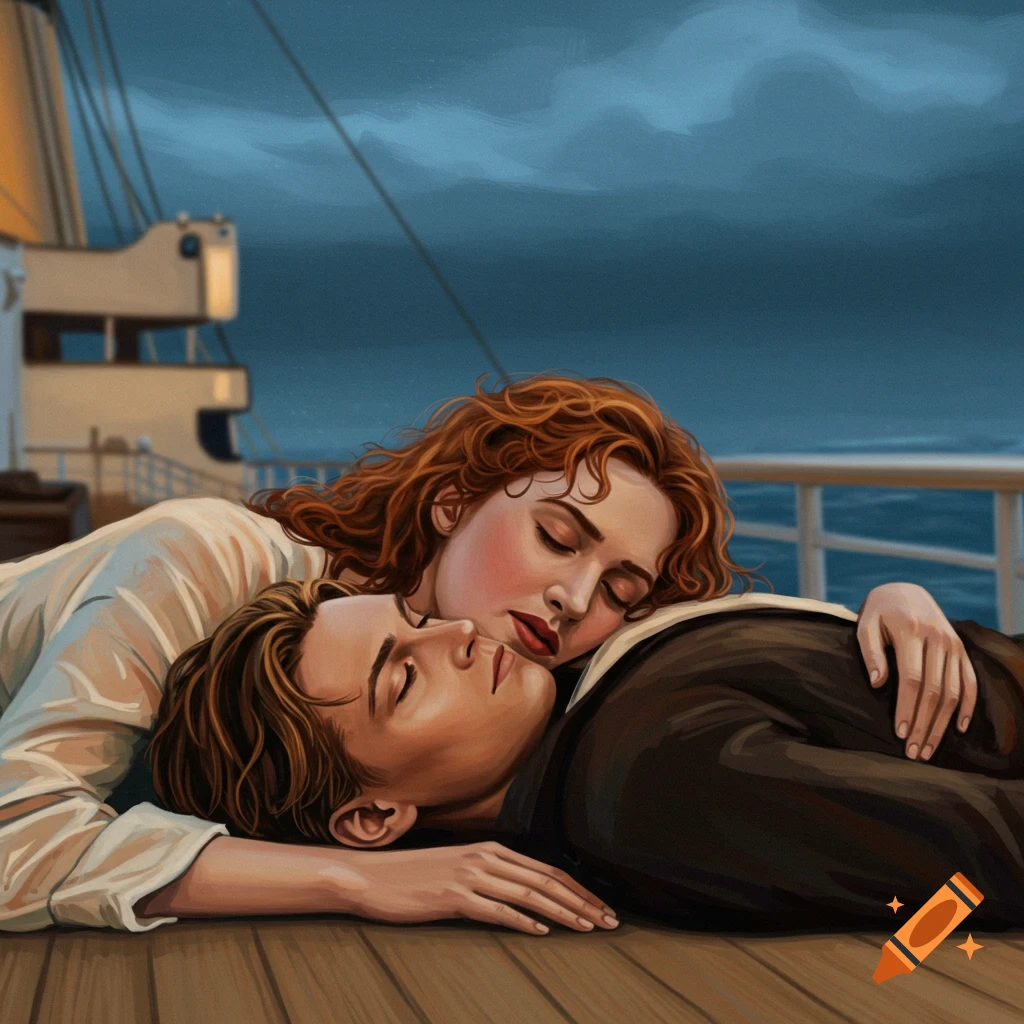 Illustration of a man and woman lying together asleep on a ship deck.